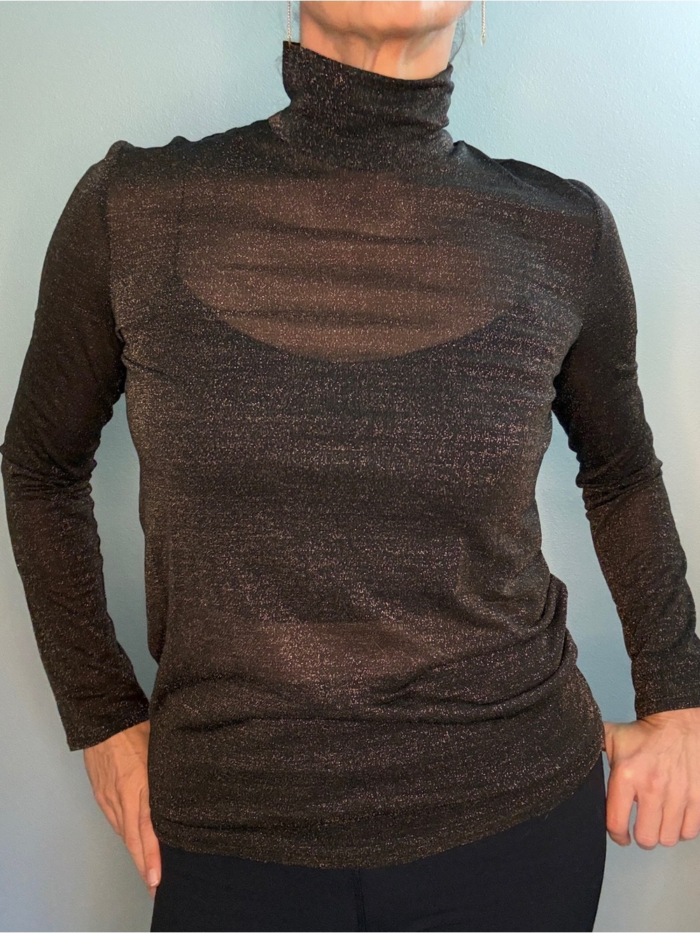 YEOHLEE New York Silk Metallic Black Turtleneck Top | S